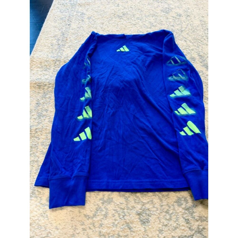 Adidas royal blue boys medium (10/12) long-sleeve hooded overspray logo t-shirt